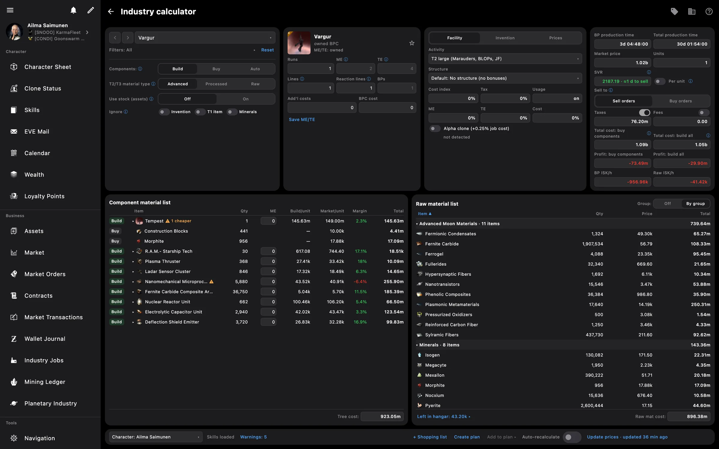 Industry calculator with the build tree