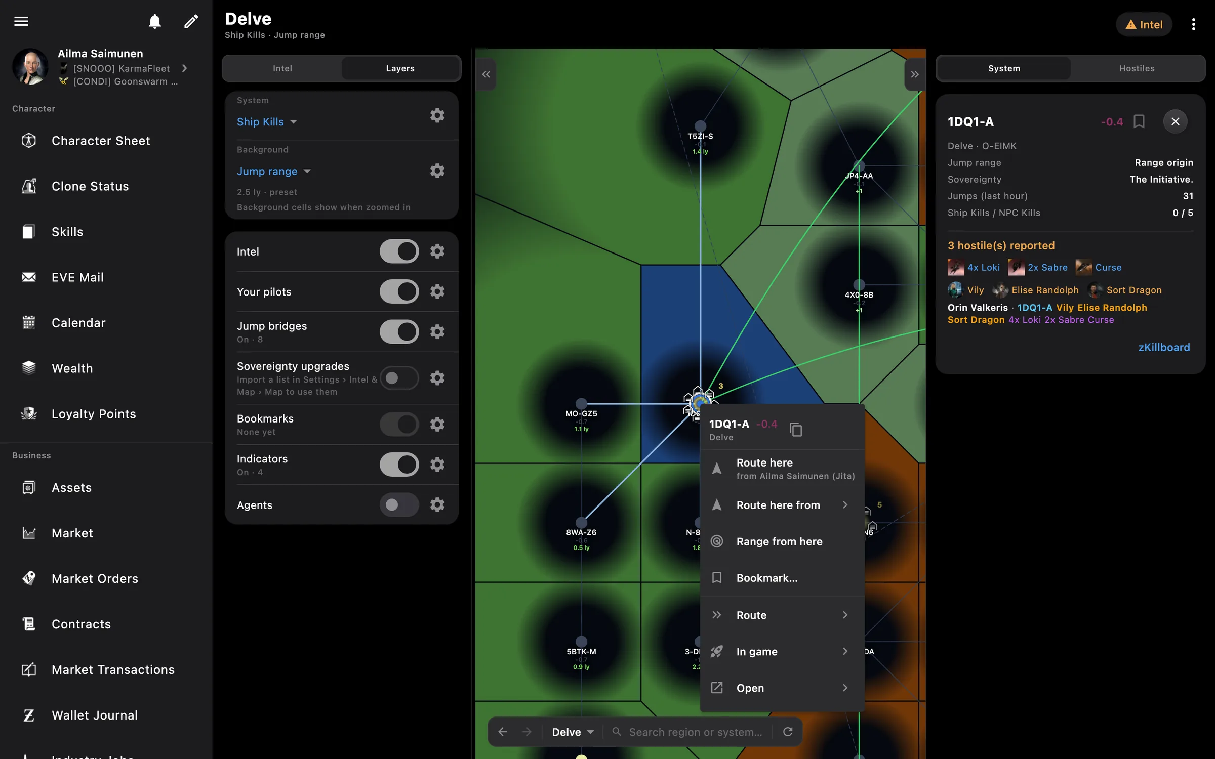 Jump range from a nullsec system with the context menu open