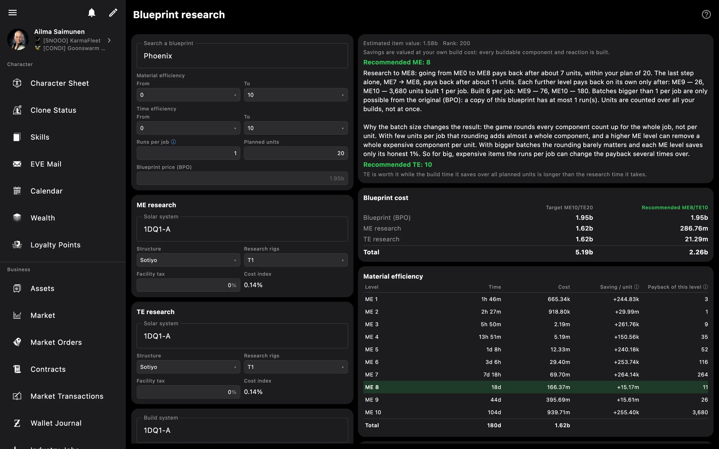 Blueprint research calculator: recommended ME8, cost and payback for each material efficiency level